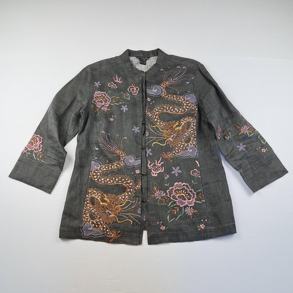 Citron Santa Monica Jacket Womens Medium Gray Linen Dragon Embroidered Kimono